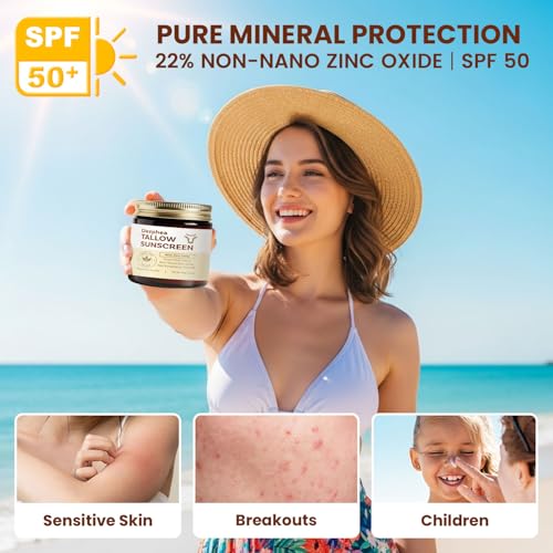 Beef Tallow Sunscreen (3 pack): SPF 50 Daily Sun Care for Extremely Sensitive, Acne-Prone & Kid-Safe Skin ? Non-Toxic Sunblock with 22% Non-Nano Zinc Oxide, Clean Formula for Face & Body