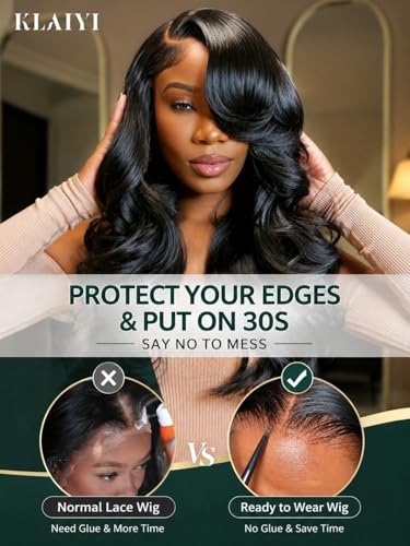 KLAIYI 16 Inch 13x4 Lace Front Wigs with Side Bangs Human Hair Loose Body Wave Glueless Pre-Styled