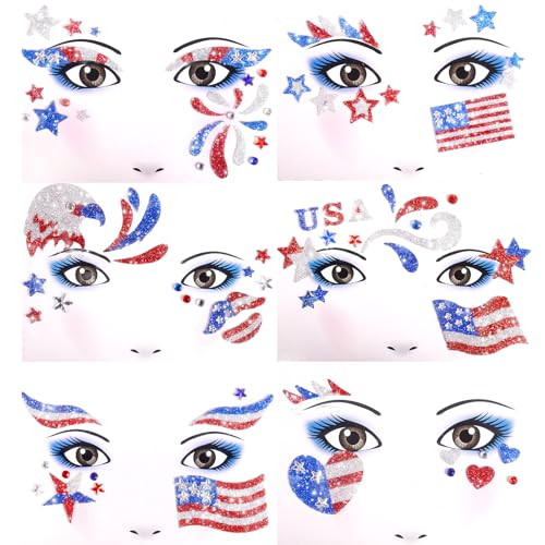 Yosca 6Pc Red White Blue Glitter Temporary Tattoos 4th July
