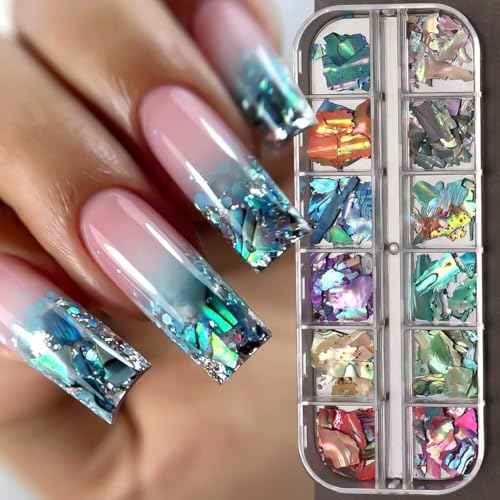 Aurora Shell Nail Glitter Flakes,Holographic Irregular Abalone Slices Sea Shell Sequins Nail Charms,Spring Summer DIY Manicure Paillette Accessories for Nail Art Decoration 3D Sparkly Nail Art Tips