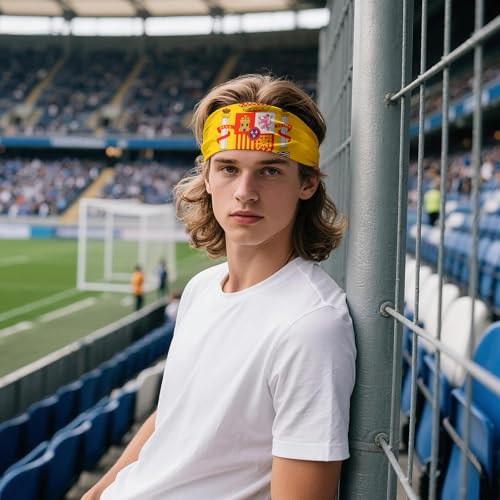 YINECO 27.5-inch Square Flag Bandana Head Scarf for Women - Red & Yellow Spain, Imitation Chiffon Silk Hair Neck Accessory