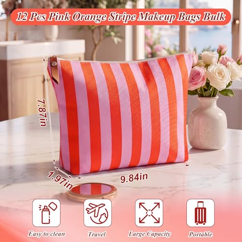 12 Pack Pink and Orange Striped Canvas Makeup Bags