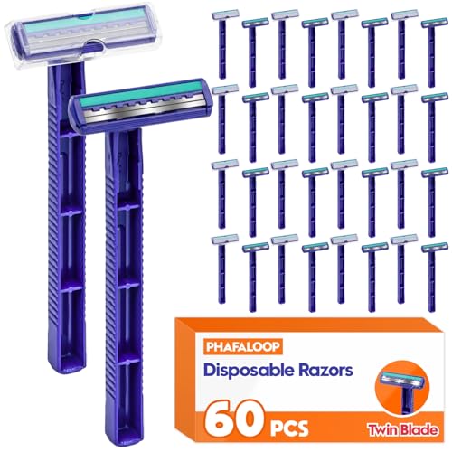 Twin Blade Disposable Razors for Men & Women ? Bulk 60 Pack Stainless Steel Shavers with Lubricating Strip, Safety Cap & Non-Slip Handle for Sensitive Skin, Travel, Hotel, Charity ? Blue