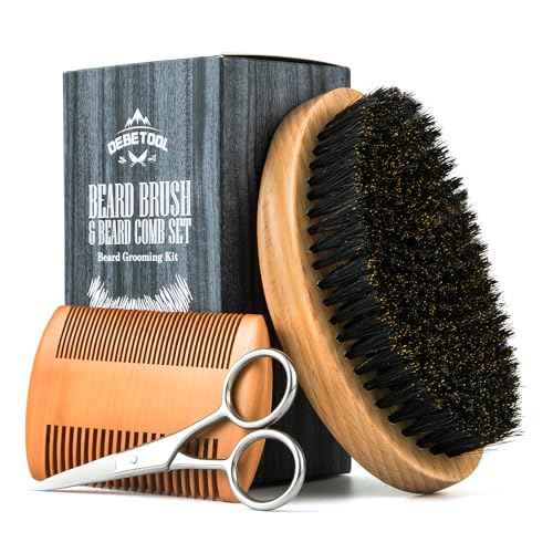 Boar Bristle Beard Brush for Men - Wooden Beard Brush and Comb Set with Beard Scissors, Pocket Travel Men's Wooden Mustache Brush for Beard Care