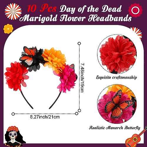 Hotop 10 Pcs Day of the Dead Flower Crown Headband Mexican Headband with Monarch Butterfly for Fiesta Hat Party Supplies