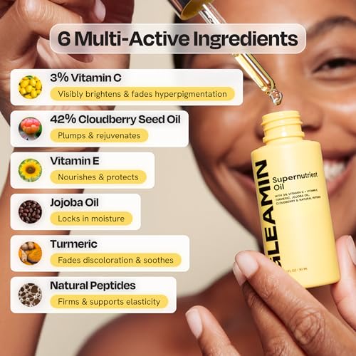 Gleamin Supernutrient Facial Oil - 3% Vitamin C with Jojoba Oil, Cloudberry & Turmeric for Hydration, Firm Look & Even Tone - Lightweight, Fragrance-Free, Skin Care for Women and Men - 1 Fl Oz