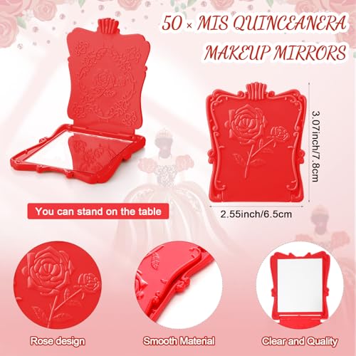 Wenqik 50 Set Quinceanera Party Favors for Guests Include Rose Compact Mirror Quinceanera Card and Organza Bag Mis Xv Sweet 15th Birthday Party Favors (Red)