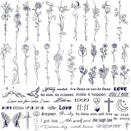 Semi-Permanent Tattoos for Adult - 2 Weeks Long Last Small Flower Words Tattoos for Women Men Hand Neck Body/Fades Naturally/No Reflection/Waterproof/Realistic, Minimal Line Art