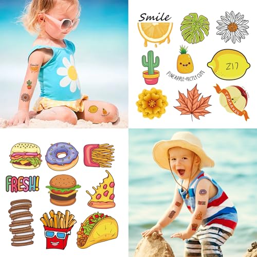 Tattoos for Kids, 12 Sheets Temporary Tattoos Stickers Set for Girls and Boys, Food Rainbow Butterfly Pumpkin Tattoos for Kids Birthday Party Supplies