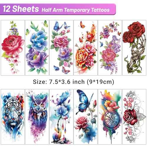 72 Sheets Temporary Tattoos Adult - 12 Sheets Half Arm Fake Tattoos, 60Sheets Tiny Small Tattoos Stickers Realistic, Including Butterflies, Flowers, and Animals Temporary Tattoos Adults and Women