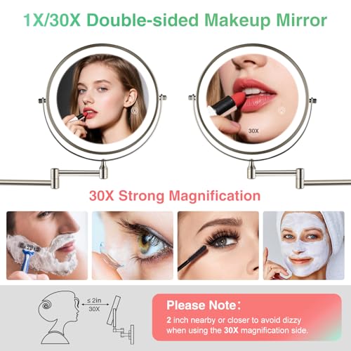 30X/1X Wall Mounted Makeup Mirror with Light: 8.5 Inch Double-Sided, 3 Color Modes, USB-C Rechargeable, 360¡Æ Swivel, Brushed Nickel