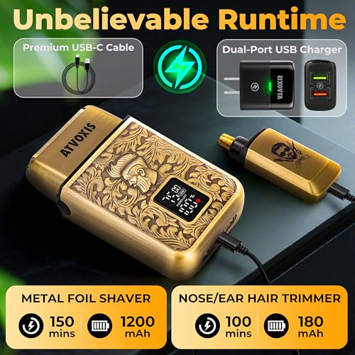 All-Metal Close Shave 3-Speed Foil Shaver for Men: 10,000 RPM Electric Nose & Ear Hair Trimmer Cordless Rechargeable USB-C Fast Charging Charger Included Travel Case (Bronze)