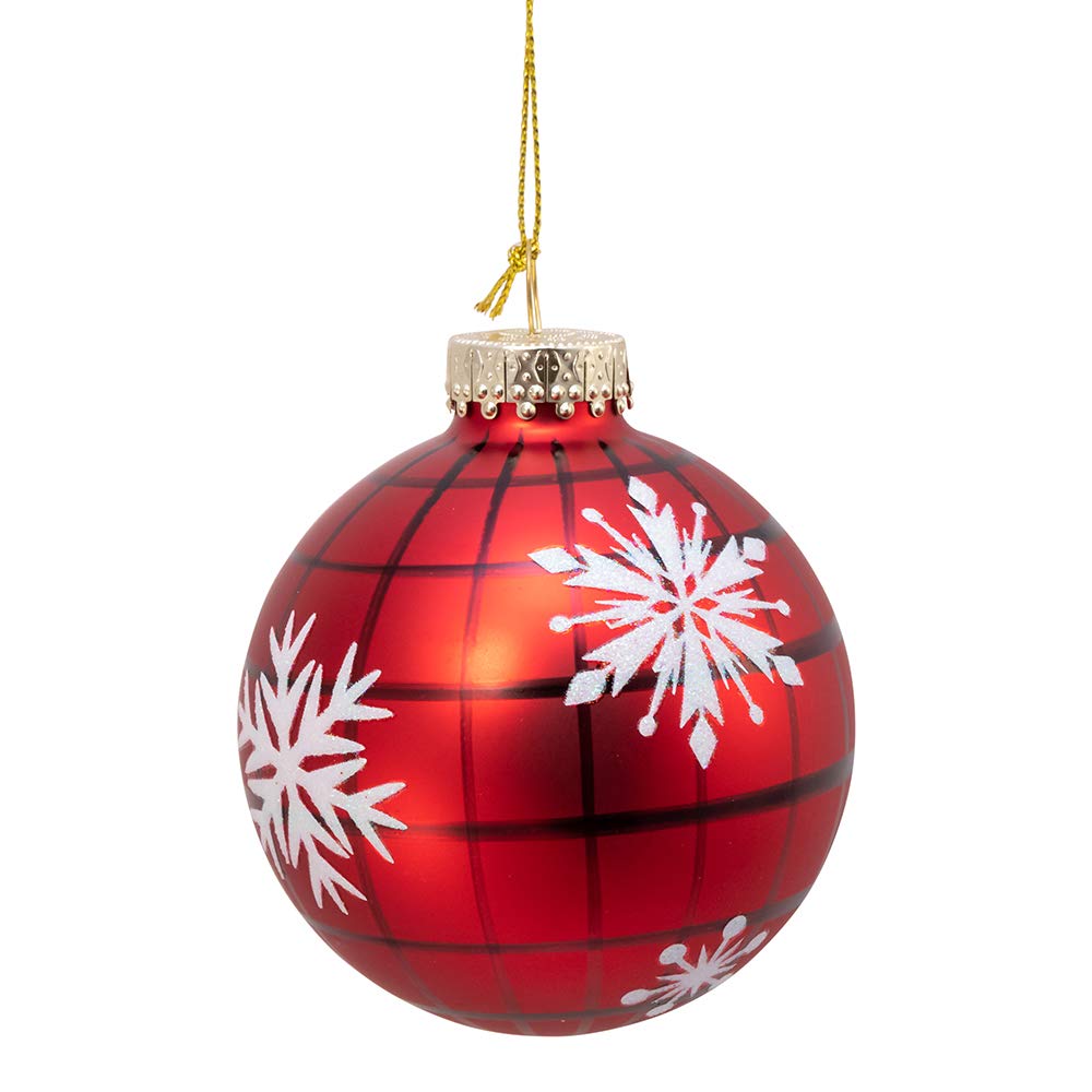 Kurt S. Adler Kurt Adler 80MM Plaid with Snowflakes Glass Ball, 6 Piece Box Ornament, red, Black, White, Christmas