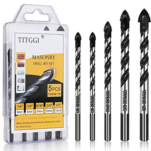 Concrete & Masonry Professional Drill Bit Set (5PCS) for Glass/Brick/Plastic/Cement/Wood/Tile/Etc, Industrial Strength Carbide Drill Bit Tip, 1/4"-1/2" by TITGGI