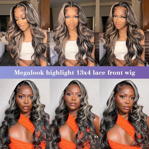 MEGALOOK Highlight Ombre HD 13x4 Lace Front Wigs Human Hair Pre Plucked 200% Density Balayage Wig Human Hair Body Wave Lace Front Wigs Human Hair for Women FB27# 24 Inch