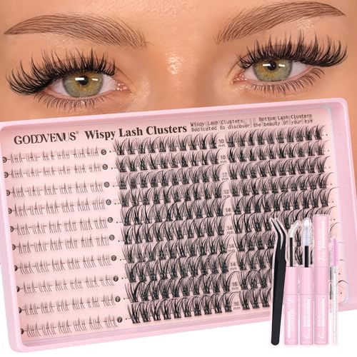 Goddvenus V-natural Clusters Eyelash Extension Kit with Bottom Lashes, 250Pcs Wispy C Curl DIY Fake Lashes