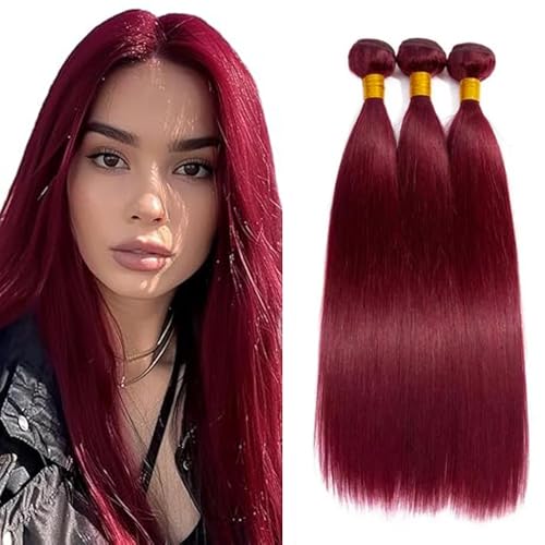 Freiuoke 99J Burgundy Straight Human Hair Extensions 3 Bundles 24-28 Inch Virgin Brazilian Hair