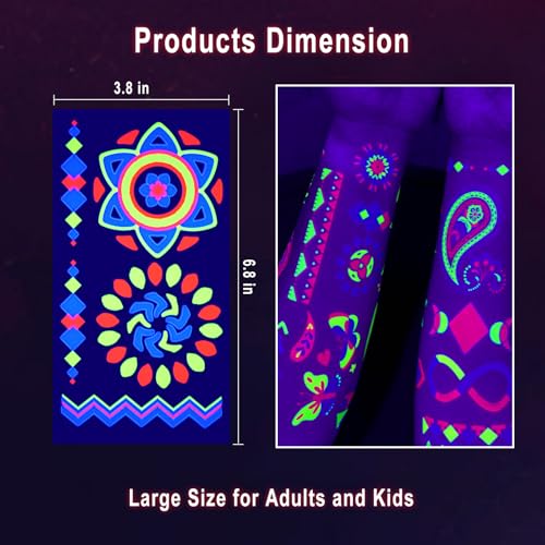 Glow in The Dark Temporary Tattoos - 20 Sheets, 160+ UV Neon Designs