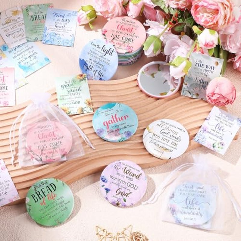 48 Sets Christian Gifts for Women Bible Verse Compact Mirror with Card Bag Inspirational Pocket Makeup Mirror Gifts for Mother Church Group Sunday School(Flower Color)