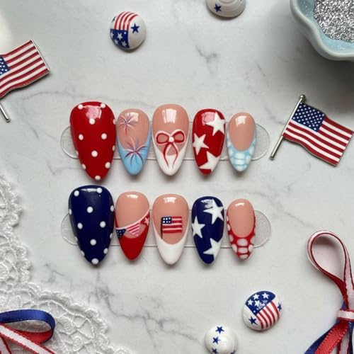 4th of July Press On Nails Medium Almond Red White Blue French Tip 30Pc