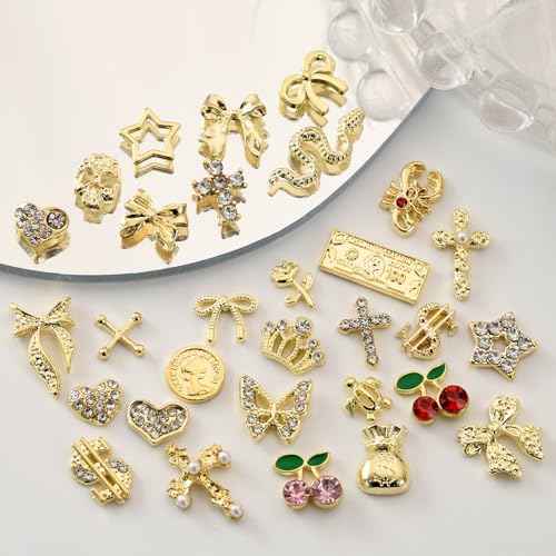 100Pcs Gold Nail Charms and Gems Charms for Nails Design Gold Charms for Nails Metal Bow Cherry Butterfly Cross Heart Star and Flowers