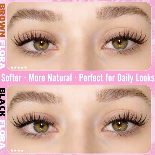 Geeneiya BROWN FLORA Lash Clusters Kit DIY Lash Extension, 8-18MM Wispy Lashes Clusters, Invisible Soft Band Eyelash Extension Kit with Waterproof Lash Bond and Seal, Lash Remover, Tweezers