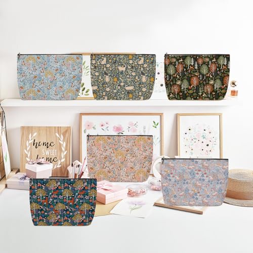6 Pieces Makeup Bag Forest Fox Garden Cat Deer Rabbit Floral Aesthetics Skincare Bag Travel Toiletry Bag Makeup Pouch Cosmetic Bag Thank You Friendship Gifts for Women Mom Friends Bestie Coworker Aunt