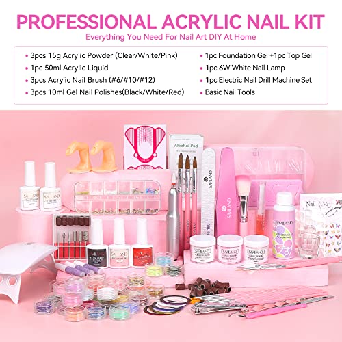 Saviland Acrylic Nail Kit with Drill and U V Light ? Clear White Pink Acrylic Powder Black Red White Gel Nail Polish Nail Tools for Nail Art Gel Nails DIY