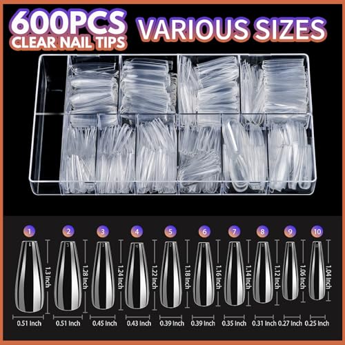 Teenitor Clear Coffin Nail Tips 600 Pcs Acrylic Nails Kit