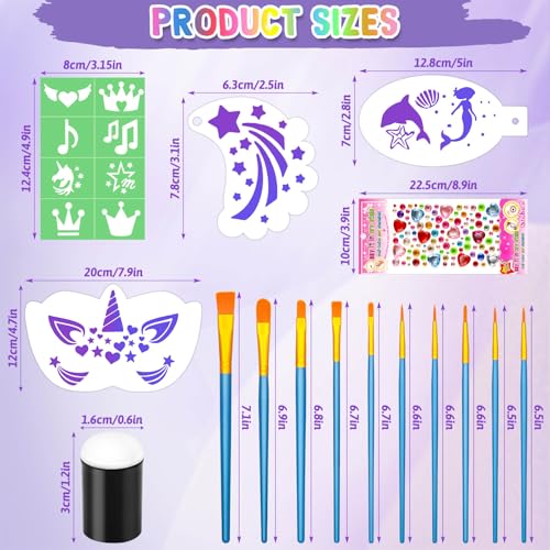 Face Paint Stencils Kit - 33 Reusable Stencils, 10 Brushes & Gems