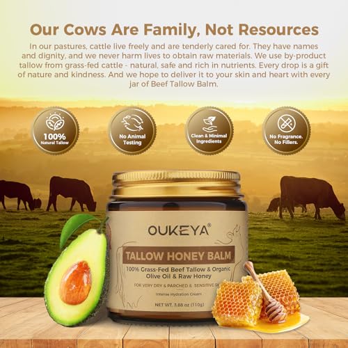 OUKEYA Tallow & Honey Face Moisturizer - Eczema Cream for Sensitive Skin & Extremely Dry, Grass-Fed Beef Tallow Skincare Balm with Organic Honey 3.88oz 110g
