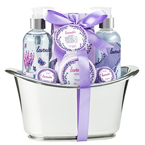 Aromatherapy Essentials Spa Set for Women in Large Silver Tub Bath Set Includes 2 Bath Bombs, Body Lotion, Bath Salts, Shower Gel, and Bubble Bath (Lavender) ? Mother's Day Gift for Mom