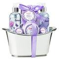 Aromatherapy Essentials Spa Set for Women in Large Silver Tub Bath Set Includes 2 Bath Bombs, Body Lotion, Bath Salts, Shower Gel, and Bubble Bath (Lavender) ? Mother's Day Gift for Mom