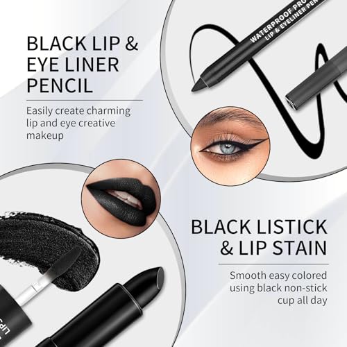 AWCCXMYM 2Pcs Black Lipstick Matte Lip Gloss Non-Sticky Lip Stain Black Liquid Lipstick Long Lasting Waterproof Lip Liner Set Christmas Festival Party Cosplay Halloween Makeup
