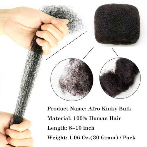 Afro Kinkys Bulk Human Hair for Dreadlock Extensions 10 Inches 30 Gram Natural Black Loc Repair Afro Kinky Braiding Human Hair for Locs (10 Inch 3 Bundles/Package)