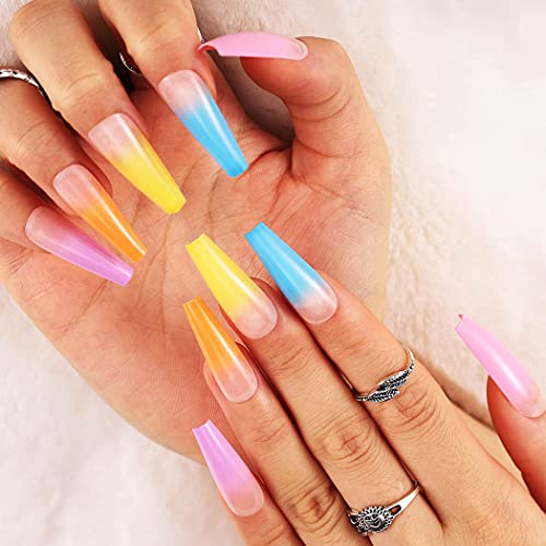 Blufly Colorful Long Press on Nails Glossy Coffin Fake Nails Designed Cute Ballerina Full Cover Acrylic False Nails Tips for Women and Girls 24Pcs (Colorful Ombre)