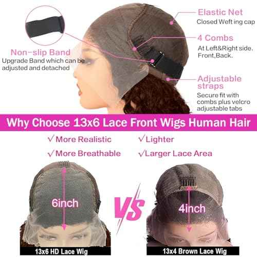 Anderah 30Inch Chocolate Brown Deep Wave Lace Front Wigs Human Hair 200 Density 13x6 HD Lace Frontal Wigs Curly Human Hair Wig For Women Pre Plucked with Natural Hairline 4# Brown Color