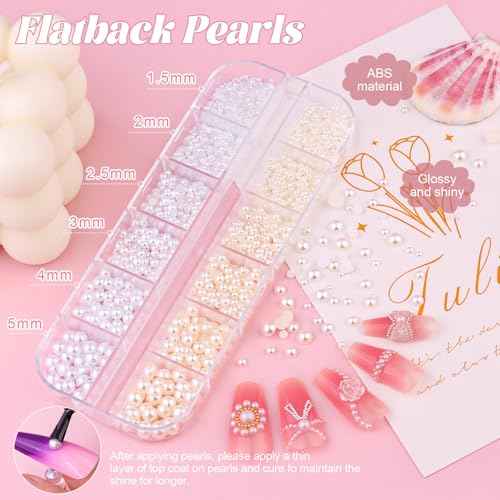 Flatback Nail Pearls Gems, Half Round Silver and Gold Nail Charms Beads and White Beige Pearls for Nails with Pickup Pencil and Tweezers, Pearl Nail Charm Rhinestones for Crafting Face Hair Manicure