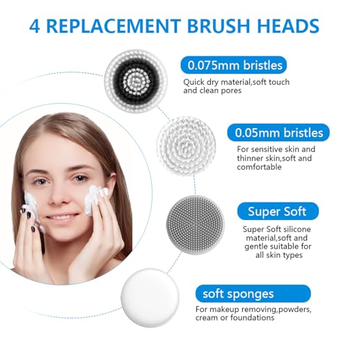 Facial Cleansing Brush, Electric Facial Brush with 4 Different Brush Heads for Deep Cleansing, Gentle Exfoliating, Removing Blackhead and Massaging£¨White£©