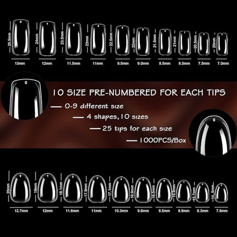 1000PCS Clear False Nail Tips - 4 Shapes, 10 Sizes for DIY & Salon