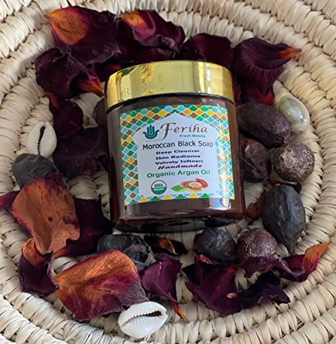 FERIHA Moroccan Black Soap with Organic Argan Oil, 100% Natural, Artisan Beldi Soap