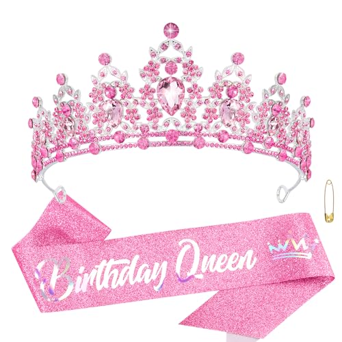 Pink Birthday Queen Crown and Sash Set with Rhinestones