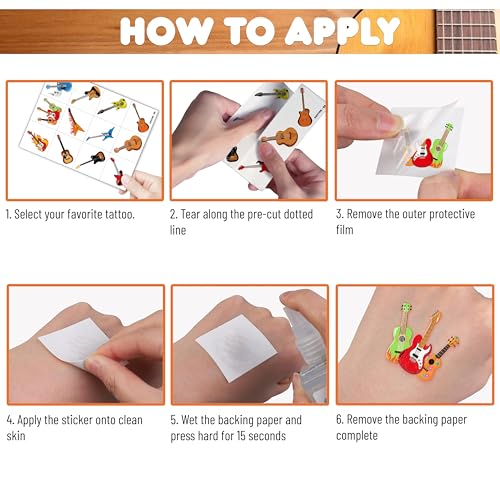 96 Pcs Guitar Temporary Tattoos for Kids - Pre-Cut