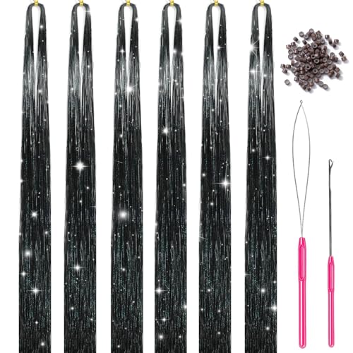 Black Hair Tinsel Kit with 1200 Strands & Tools - 48 Inch