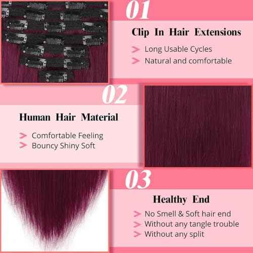 ShowJarlly Clip in Hair Extensions Real Human Hair 16 Inch Straight Clip Ins 8 Pcs Brazilian Remy Hair Extensions for Women #99J Burgundy