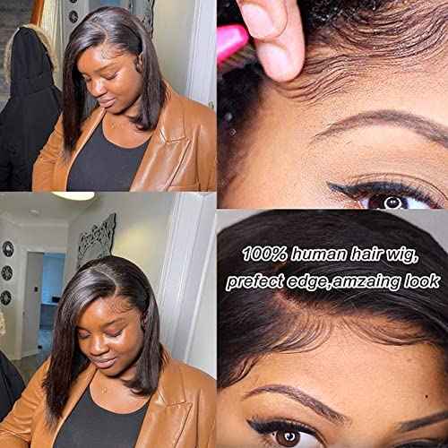 Bob Wig Human Hair Straight Bob Lace Front Wigs 4x4 Hd Transparent Lace Closure 12 Inch Brazilian Virgin Short Bob Wigs for Black Women Pre Plucked with Baby Hair Natural Color