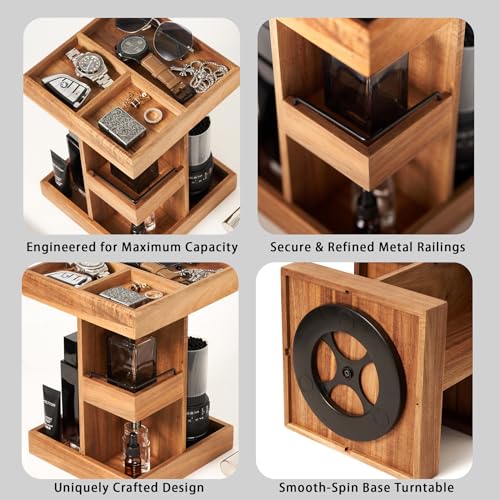 Cologne Organizer for Men, Solid Acacia Wood 3-Tier Rotating Stand - Natural Grain Bathroom & Vanity Organizition for Perfume & Skincare, Premium Desk Decor, Unique Birthday Gifts