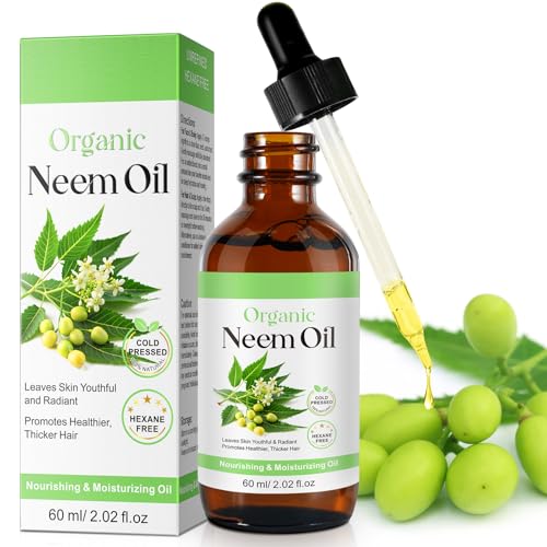 Neem Oil for Skin, Pure Natural Cold Pressing, Free of Hexane, Nourishes the Skin and Hair, Reduces Fine Lines, 2.02 Oz