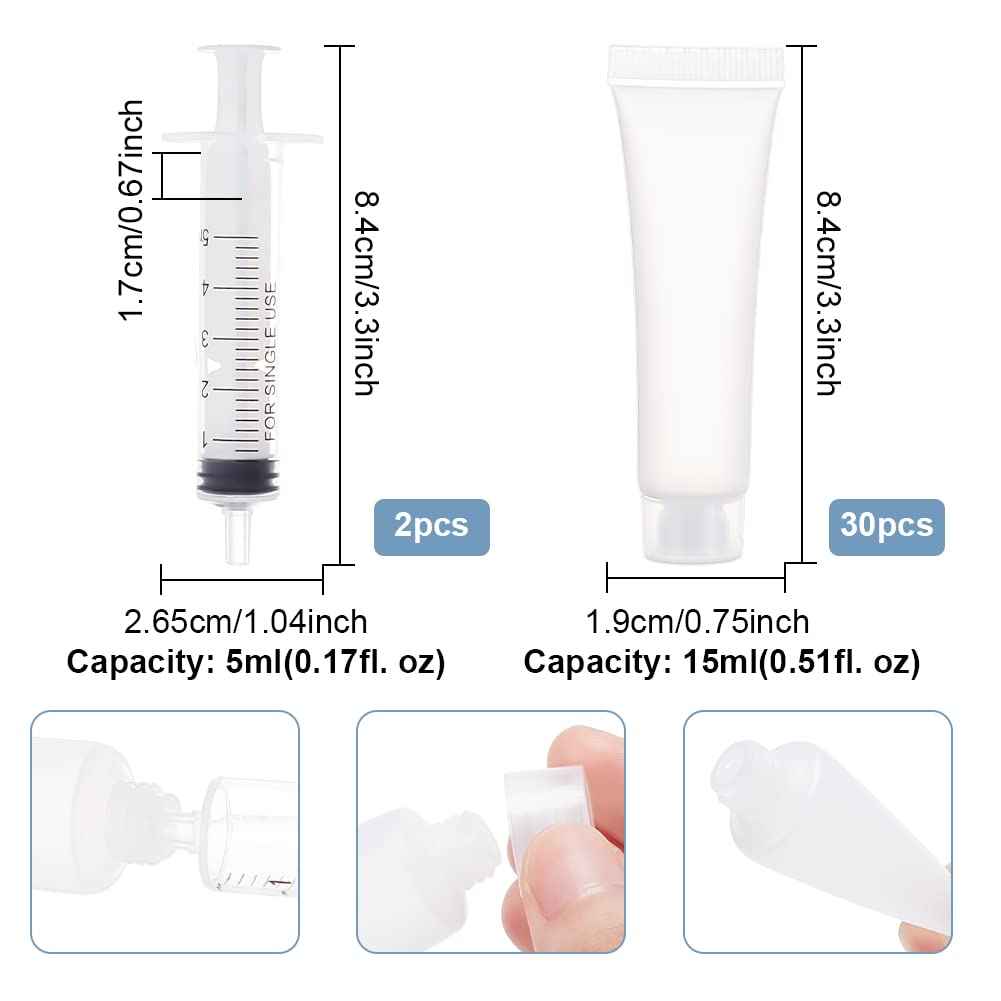 BENECREAT 30 Pack 0.5oz Clear Empty Tubes with Plastic Syringes Clear Squeezable Cosmetic Containers Refillable Plastic Tubes for Shampoo Facial Cleanser Makeup Sample