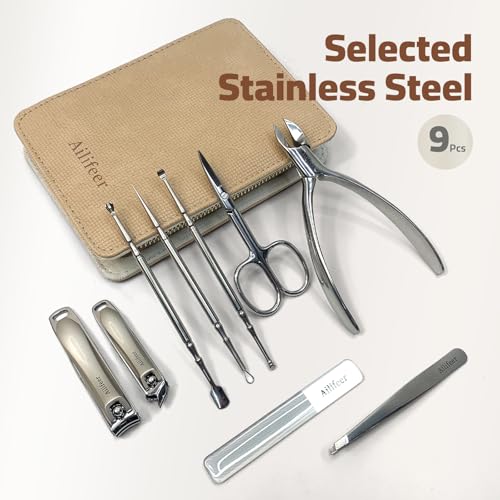 Manicure Kit, 9-in-1 Stainless Steel Professional large Nail Cutters and nail clippers Set, Includes Nail File, Cuticle Trimmer, with Portable Travel Case kit,Gifts For Women Men